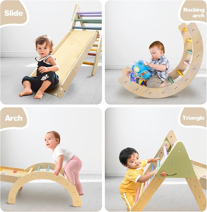 LOL-FUN Pikler Triangle Set with Slide for Toddler 1-3, Montessori Climbing Toys for 1 Year Old, Toddler Climbing Toys Indoor Pickler Climbing Set, Foldable Wooden Climber Jungle Gym for Kids