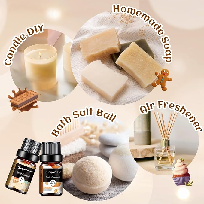 Bakery Essential Oils Set - Fragrance Oil for Diffusers for Home, Candle Making - Pumpkin Pie, Coffee Cake, Gingerbread, Cherry Cheesecake Aromatherapy Scented Oils (6x10ML)