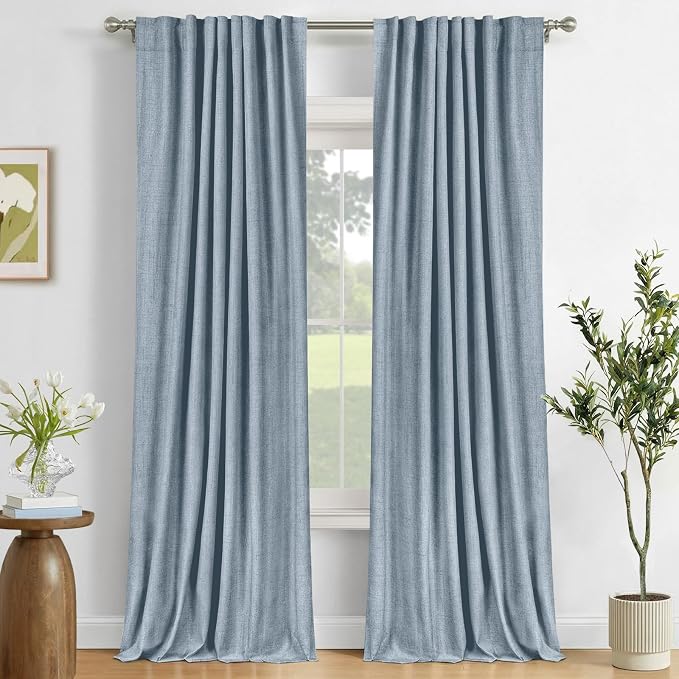 100% Blackout Shield Dusty Blue Linen Blackout Curtains for Bedroom 102 Inches Long, Back Tab/Rod Pocket Living Room Drapes, Thermal Insulated Blackout Curtains 2 Panels Set, 50" W x 102" L