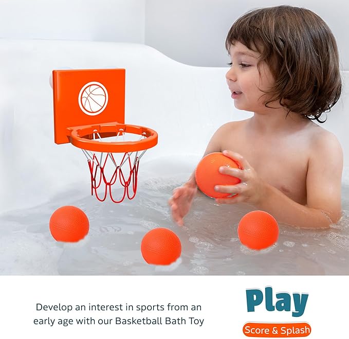 Bath Toys - Bathtub Basketball Hoop for Toddlers Kids | Suction Cups Baby Mini Basketball Hoop with 4 Soft Balls | Fun Bath Toy for Boys and Girls