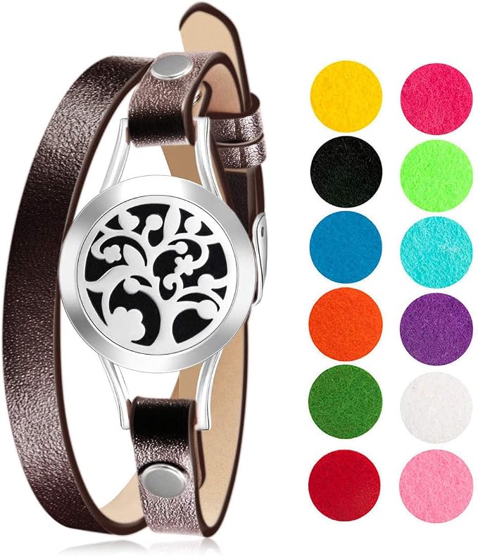 Wild Essentials Arbol Tree Essential Oil Bracelet Diffuser, Leather Wrap Band, Stainless Steel Locket Pendant, 12 Color Refill Pads, Customizable Color Changing Perfume Jewelry, Aromatherapy, Brown