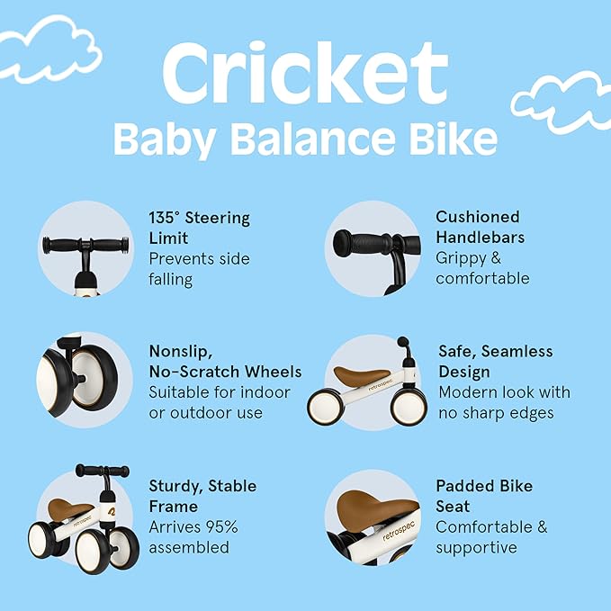 Retrospec Cricket Baby Walker Balance Bike with 4 Wheels for Ages 12-24 Months - Baby Toys & Toddler Toys for 1 Year Olds - Ride On Bicycle - Boys & Girls