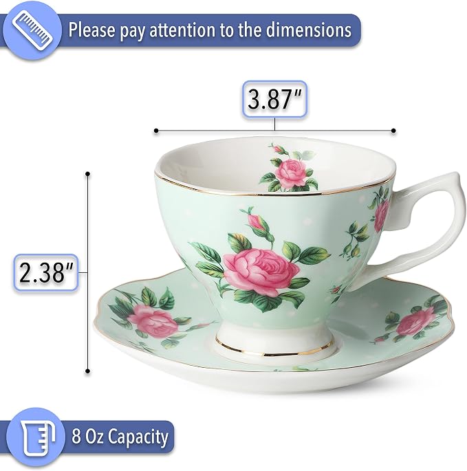 BTaT- Floral Tea Cups and Saucers, Set of 8, 8 oz | Fine Porcelain Teacup Set Gold Trim Afternoon Tea Weddings Parties Gifting Dishwasher Safe Lightweight Non Toxic