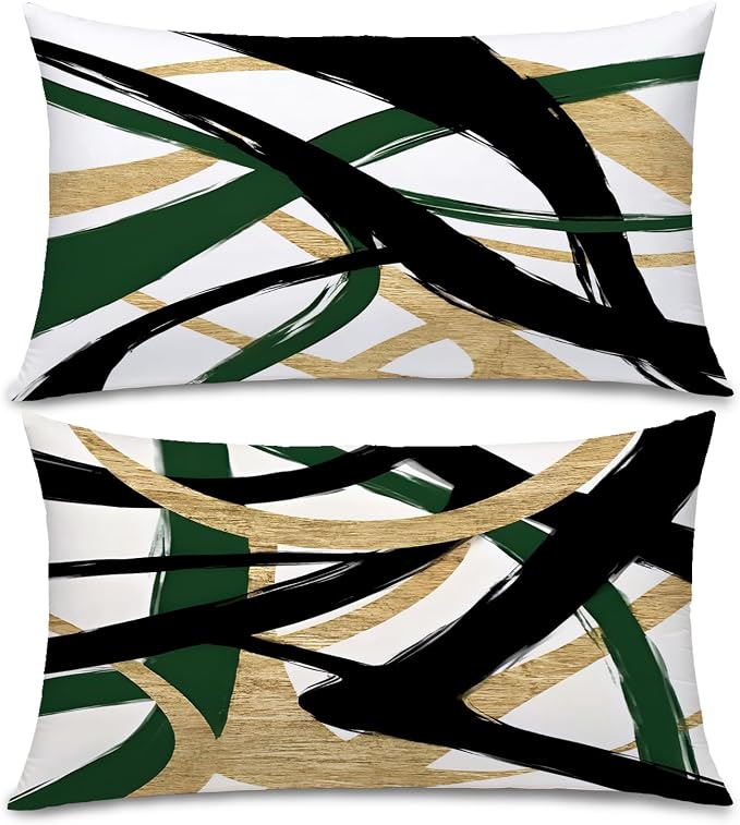 Black Gold and Green Pillow Covers, Abstract Black and Gold Pillow Covers 12x20 Set of 2, Modern Boho Decorative Throw Pillows Cover for Couch Bed Living Room
