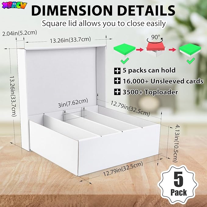 5-Pack Toploader Trading Card Storage Box, 4 Row 3200 Count White Cardboard Storage Box for Basketball/MTG/TCG/Sports/Game Cards Organizer and Collection