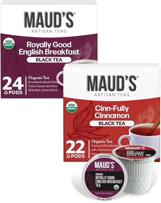 Maud's Organic Cinnamon Black Tea & Organic English Breakfast Black Tea Pods Bundle, 46 ct, Single Serve Tea Pods – 100% Gourmet Blended Tea Leaves, Compatible with Keurig K Cups Maker