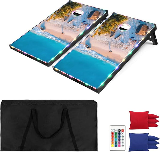 LED Cornhole Set, 3 x 2ft / 4 x2 ft Cornhole Board Game Set, Corn Hole Outdoor Game, Multi-Design with Light-Up Border, 8 Bean Bags, Carrying Case for Backyard, Beach, Lawn