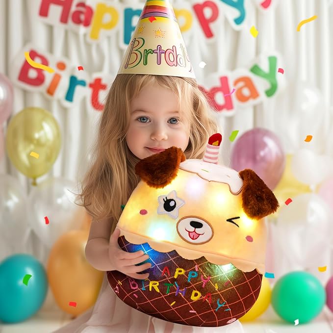Light Up Music Dog Birthday Cake Plush Puppy Stuffed Animals Original Wink Dog Plushie with Colorful LED Lights Glowing Singing Happy Birthday Gift for Girl Boy 14"