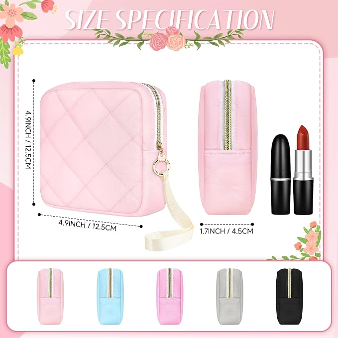 Likesing Quilted Period Bag, Period Pouches for Teen Girls Womens, Portable Sanitary Napkin Storage Bag with Wrist Strap Feminine Emergency Tampon Pad Pouch(Pink)