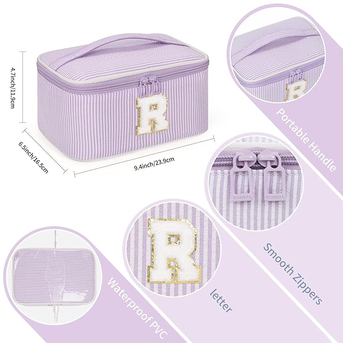 OCHEAL Makeup Bag Valentines Day Gifts for Women, Monogram Cosmetic Bag Purple Travel Makeup Case Beauty Toiletry Bag Organizer Personalized Gifts for Girls Bridesmaid, Sister, Wife, Friends Initial R