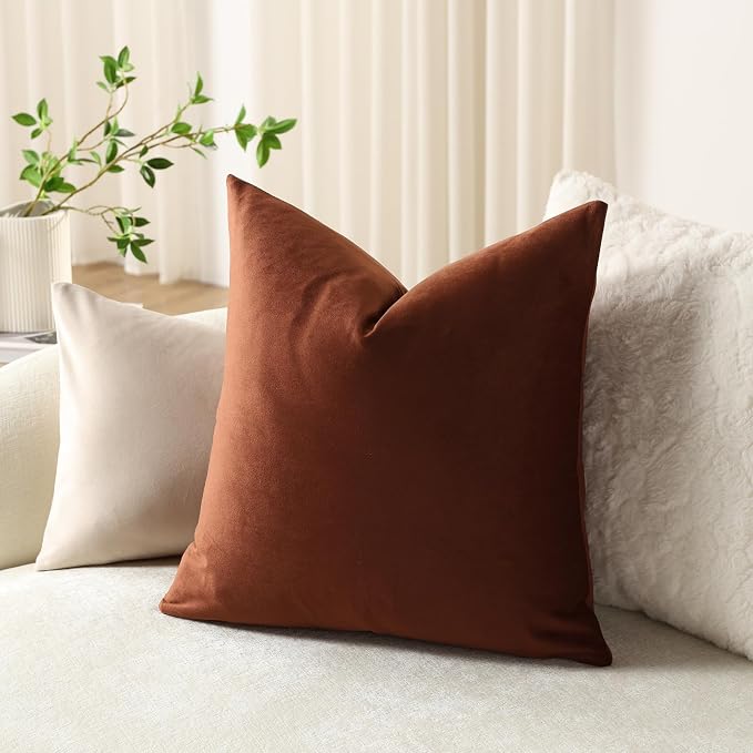 Euro Sham Covers 24x24 Reddish Brown: Pack of 2 Cozy Soft Velvet Square Modern Luxury Decorative Throw Pillow Cases for Sofa Couch Living Room Bed Home Decor