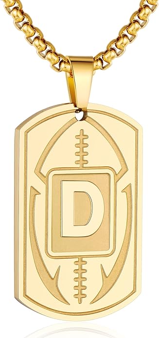 Initial A-Z Dog Tag Necklace for Men - Football Charm Pendant, Stainless Steel Chain 22+2 Inches, Personalized Sports Athletes Jewelry Gift