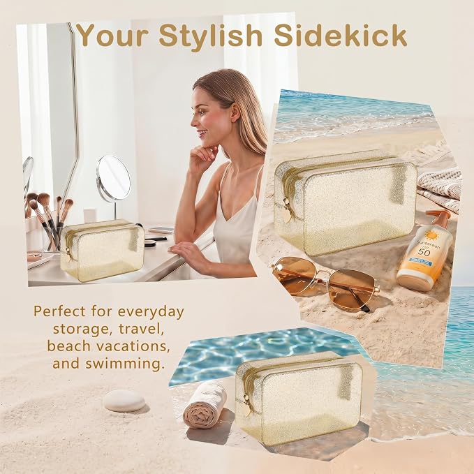 RSRSLEII Stardust Twinkle Jelly Travel Makeup & Toiletry Bag, Waterproof PVC Cosmetic Bag/Case for Women，Zipper SPF Beach Bag for Sunscreen Skincare and Daily Essentials (10Gold)