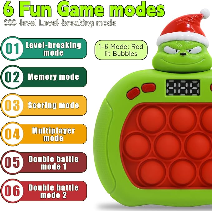 Quick Push Bubble Game,POP Toy Fast Push Game,Quick Push Pop Fidget Toys for Kids 3-12 Years Old,6 Game Mode Upgrades,Handheld Puzzle Games for Christmas,Sensory Toys (Green Christmas)