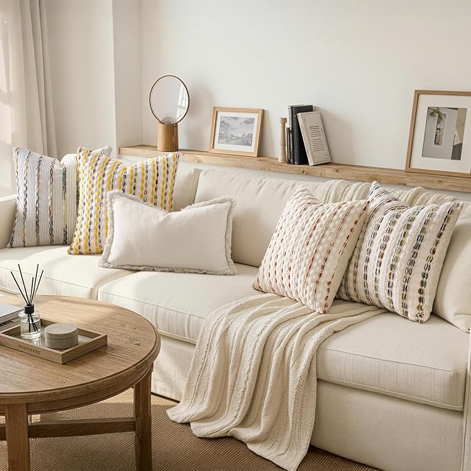 ANRODUO Boho Chenille Decorative Pillow Covers 18x18 Set of 2 Brown White | Textured Tufted Stripes Woven Cushion Case, Farmhouse Accent Neutral Pillowcase for Couch Sofa Bed Living, Room Decor