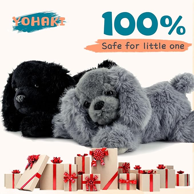 Plush Puppy Dog Set - 2 Pack 10 Inch Soft & Fluffy Stuffed Animal Dogs, Huggable Black & Gray Plush Puppies, Cuddly Toy Gift for Kids & Dog Lovers, Machine Washable & Ultra-Soft