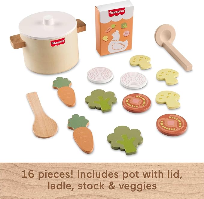 Fisher-Price Wood Kitchen Toy Veggie Soup, Tiny Garden 16-Piece Wooden Pretend Cooking Playset for Preschool Kids Ages 3+ Years (Amazon Exclusive)