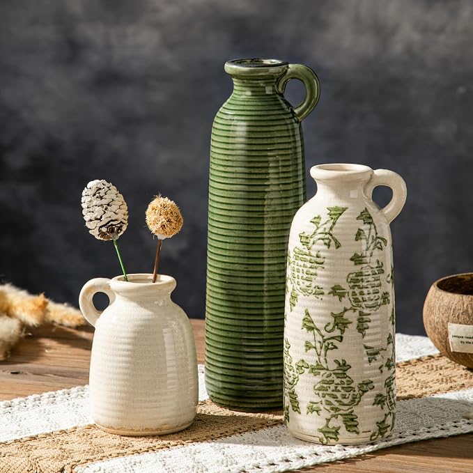 Ceramic Vases Set of 3, Farmhouse Country Flower Vase Home Decor,Living Room Kitchen Bathroom Decoration, Table Centerpieces, Shelf and Entrance Decorations-Multicolor.