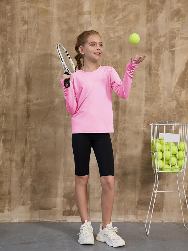 ZDC Girls Long Sleeve Athletic Shirts Kids Crewneck Quick Dry Workout Yoga Tops Basic Tees Activewear