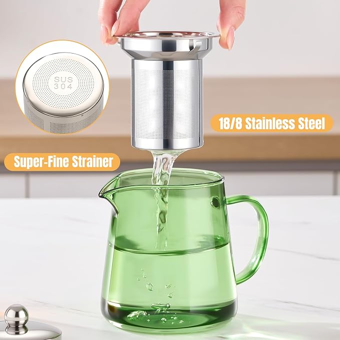 PARACITY Glass Teapot Stovetop 32OZ, Borosilicate Clear Tea Kettle with Removable 18/8 Stainless Steel Infuser, Teapot Blooming and Loose Leaf Tea Maker Tea Brewer (Green, 550ML)