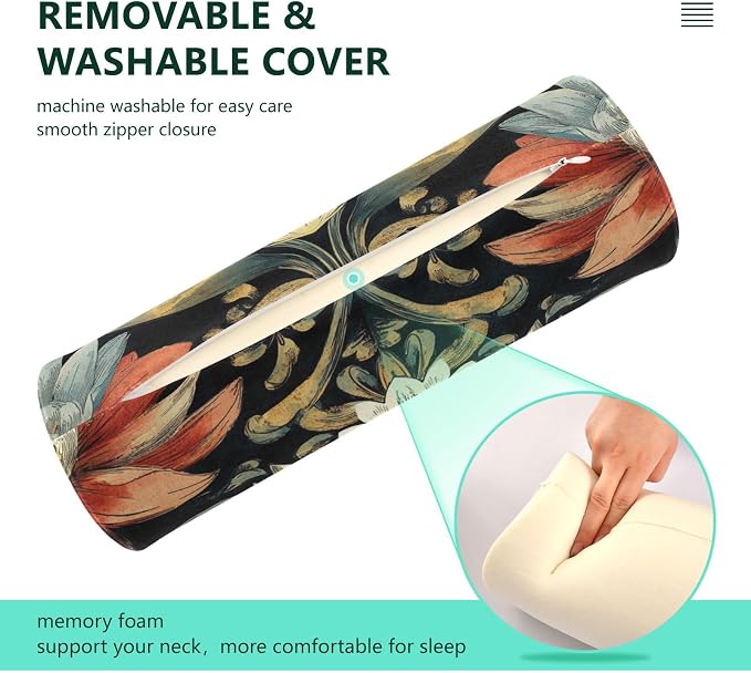 Boho Water Lily Flower Black Neck Roll Pillow Bolster Round Health Memory Foam Long Cervical Cylinder Pillows with Removable Washable Cover for Body Bed Legs Back Yoga