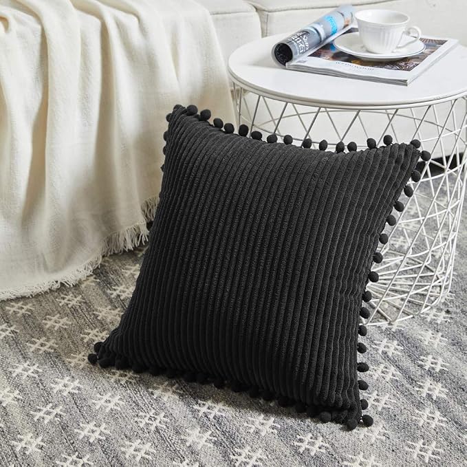 Fancy Homi Set of 2 Black Decorative Throw Pillow Covers 14x14 Inch with Pom-poms for Couch Bed Sofa, Modern Farmhouse Boho Home Decor, Soft Plush Corduroy Cute Cushion Case 35x35 cm
