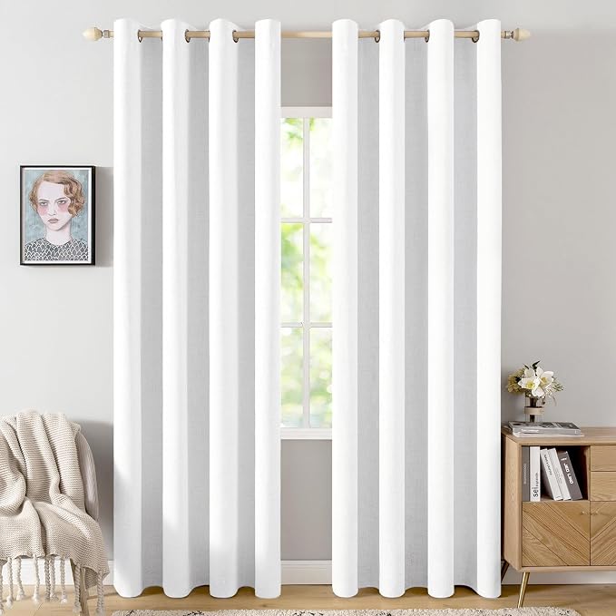 MIULEE 100% Blackout Linen Textured Curtains for Bedroom Solid Thermal Insulated Bright White Grommet Room Darkening Curtains & Drapes Luxury Decor for Living Room 52 x 108 Inch (2 Panels)