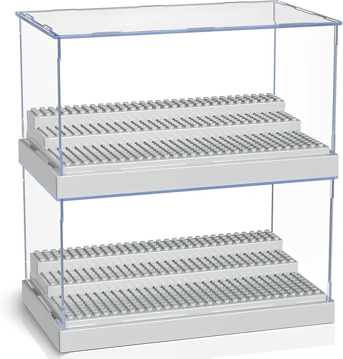 KKU 2 Pack Display Case for Minifigure Action Figures Blocks, Acrylic Minifigure Display Case Box Storage with 3 Movable Steps Gift for Kids Adults (Grey)