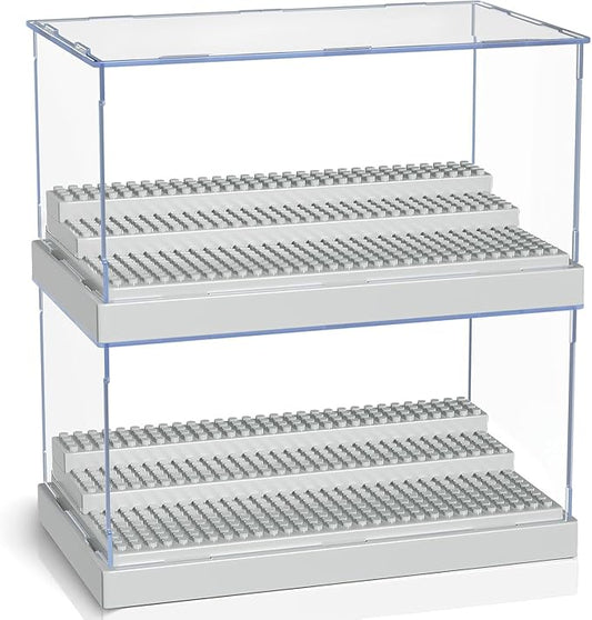 KKU 2 Pack Display Case for Minifigure Action Figures Blocks, Acrylic Minifigure Display Case Box Storage with 3 Movable Steps Gift for Kids Adults (Grey)