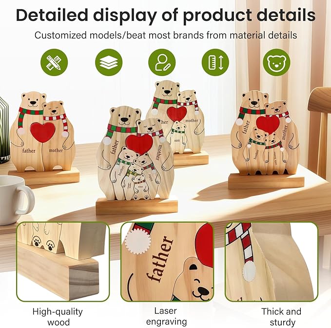 Personalized Wooden Bear Family Puzzle with 2-6 Names - Custom Bear with Scarf Art Figurine for Mom Grandma - Cute Christmas Winter Home Decor Gift for Housewarming Birthday