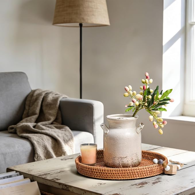 Quoowiit Ceramic Rustic Farmhouse Vase, Distressed Decorative Flower Vase for Home Decor, Ideal Shelf Decor, White Boho Vase for Living Room Bedroom Kitchen Office Decor Centerpiece Table Decorations