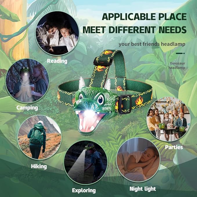 LED Dinosaur Headlamp for Kids, Children's Toy Flashlight Dinosaur Toys for Age 3 4 5 6 7 8 9 Years Old Kids, Camping Hiking Gear for Boys Girls