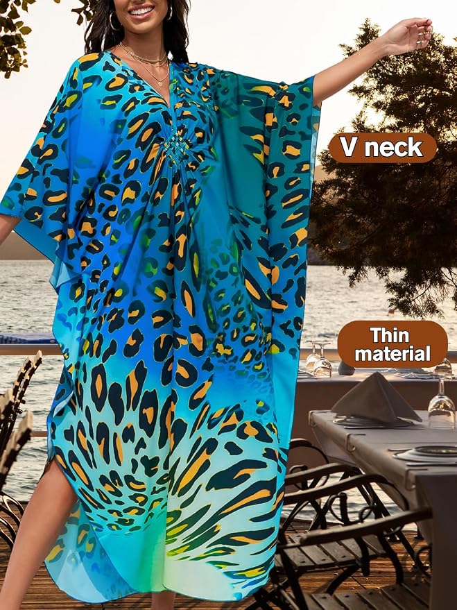 ChiaoLezhee Print Moo-Moos for Women, Kaftan Cover-Up Dresses, Sexy V-Neck High-Slit, Beach Pool-Party Coverups Muumuu Plus