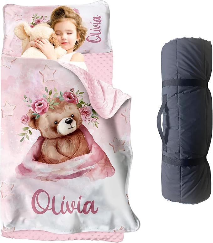 Personalized Toddler Nap Mat for Girls – Custom Name Kids Nap Mat – Daycare Sleeping Mats with Removable Pillow and Soft Minky Dot Blanket for Preschool, Travel, Kindergarten