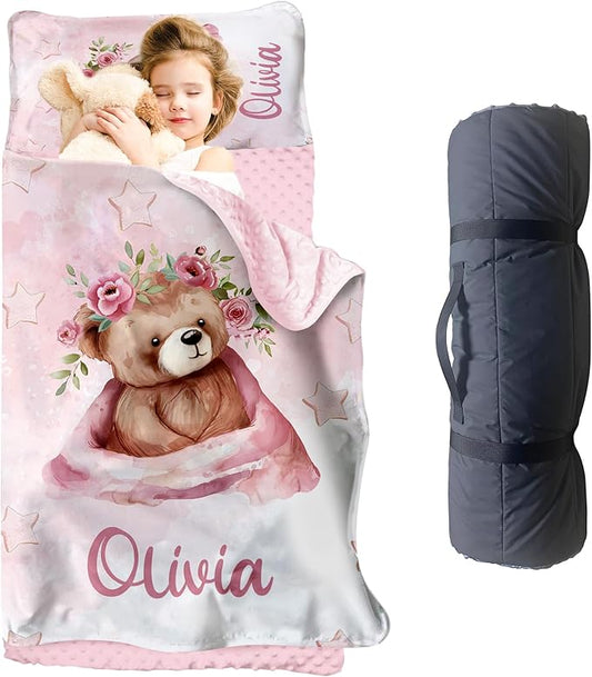 Personalized Toddler Nap Mat for Girls – Custom Name Kids Nap Mat – Daycare Sleeping Mats with Removable Pillow and Soft Minky Dot Blanket for Preschool, Travel, Kindergarten