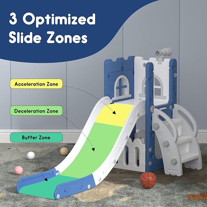 6 in 1 Toddler Slide Playset, Kids Indoor Outdoor Playground with Basketball Hoop,Storage and Telescope,Toddler Climber Slide Activity Center