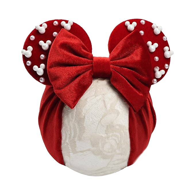 JIAHANG Baby Girl Red Velvet Mouse Ears Turban Headwrap with Beads, Wide Velour Hairband for Baby Girls, Toddler, Kids, Party Supplie