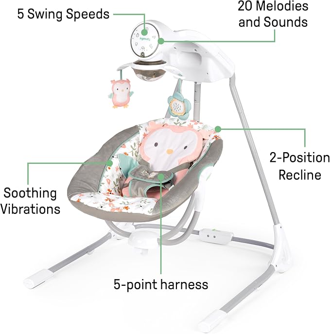 Ingenuity InLighten 5-Speed Baby Swing - Swivel Infant Seat, 5 Point Safety Harness, Nature Sounds, Lights - Nally Owl
