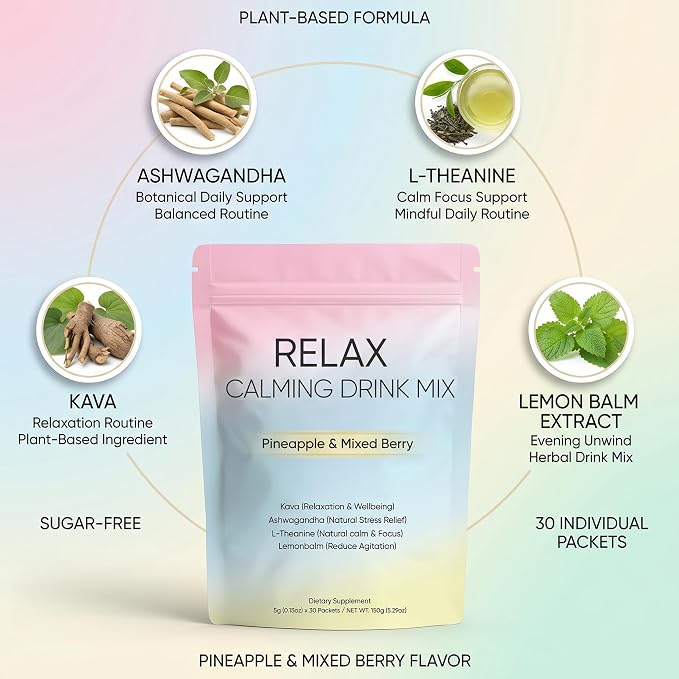Relax Calming Drink Mix with L-Theanine, Ashwagandha & Kava, Sugar-Free Powder Packets for Evening Unwind & Daily Relaxation Routine, Non-GMO, Gluten-Free, Pineapple & Mixed Berry, 30 Packets (1)