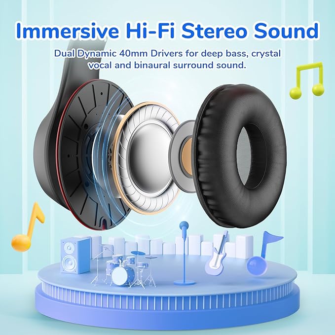 EarFun K3 Kids Headphones, USB Type C Over Ear Headphones with Microphones, 85/94dB Volume Limit, HD Stereo Sound with LED Light, Foldable Wired Headphones for School/Boys/Girls/Tablet, Black