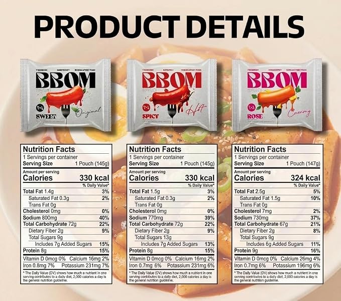 BBOM Korean Tteokbokki Rice Cake – Instant Variety Pack (Sweet, Spicy & Rose) | 3 Pouches x 5.19oz (147g)