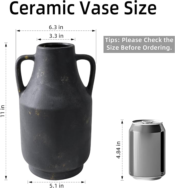 Ceramic Flower Vase with Handles, 11 Inch Tall Rustic Vase, Large Terracotta Pottery Vase for Home Decor, Farmhouse Decorative Vase for Living Room Kitchen Table Shelf Bedroom Decor