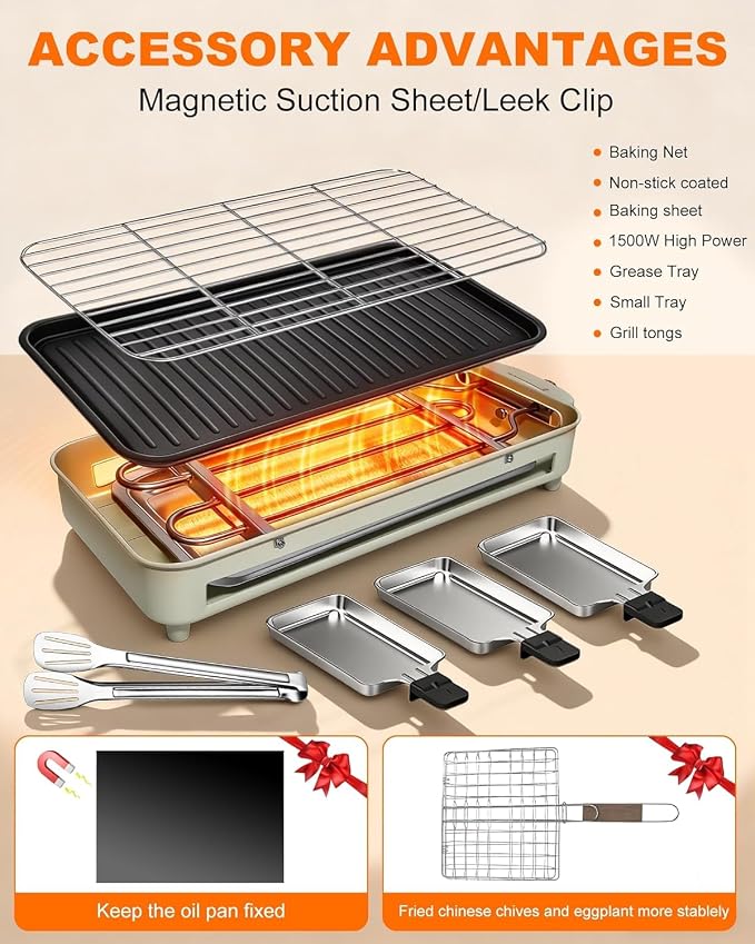 1500W Smokeless Electric Indoor Grill, 3 in 1 Korean Barbecue Grill with Net & Non-Stick Removable Plate and Magnet Strip, Temperature Control & Dishwasher Safe, Smokeless Korean BBQ for Kitchen Party
