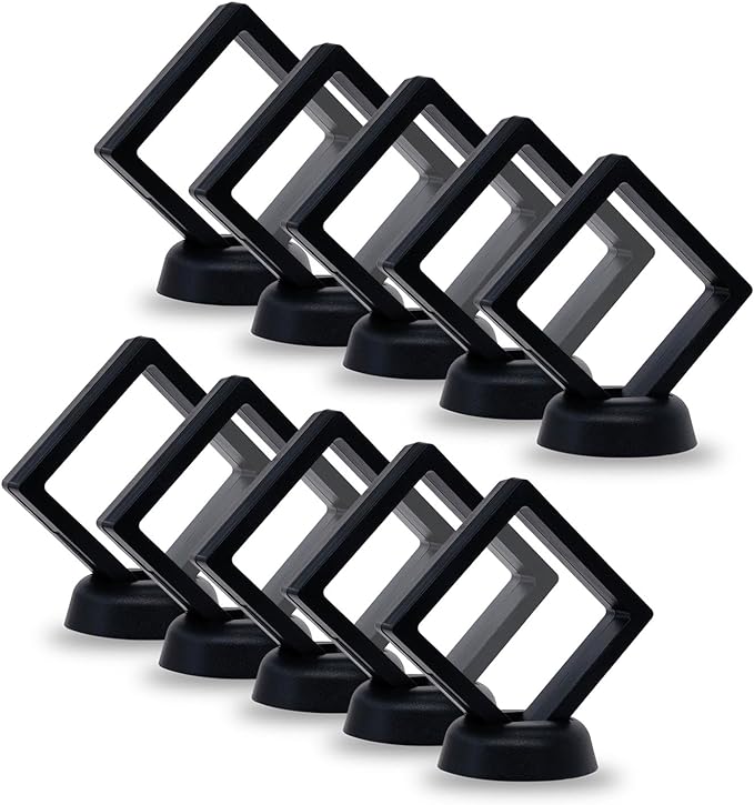 10Pcs Coin Holder Challenge Coin Display Stand, Black 3D Floating Display Case for AA Coin Medallions Jewelry Rock Gem Arrowhead Collecting and Display (2.75×2.75×0.8 inches)