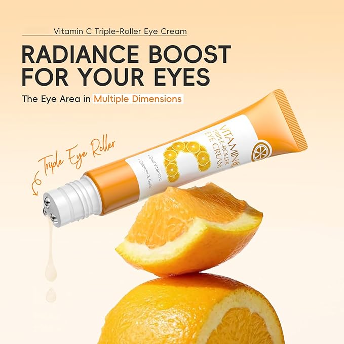 AKARY Dual Vitamin C Eye Cream, Hydrating Under Eyes Cream for Dark Circles and Puffiness with Triple-Roller Massage Ball Reduce Bags, Wrinkles and Fine Lines Eye Bags Treatment for Men/Women