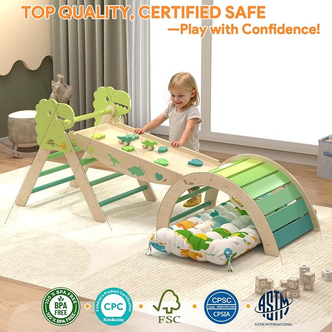 Pikler Triangle Set with Cushion 9 in 1 Climbing Toys for Toddlers 1-3 Indoor Baby Climbing Gym Toddler Montessori Toys Wooden Toy with Maze Toy, Shape Sorter, Dinosaur Car