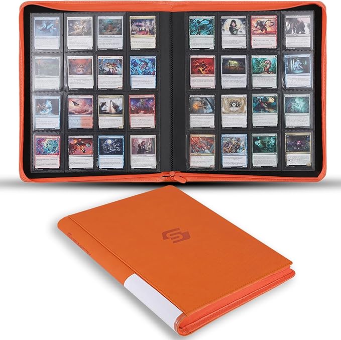 Snekdy premium 1024-pocket trading card binder, Card Albums 16 pockets, waterproof PU-leather Cover album with side loading, holds gaming, baseball (Orange)
