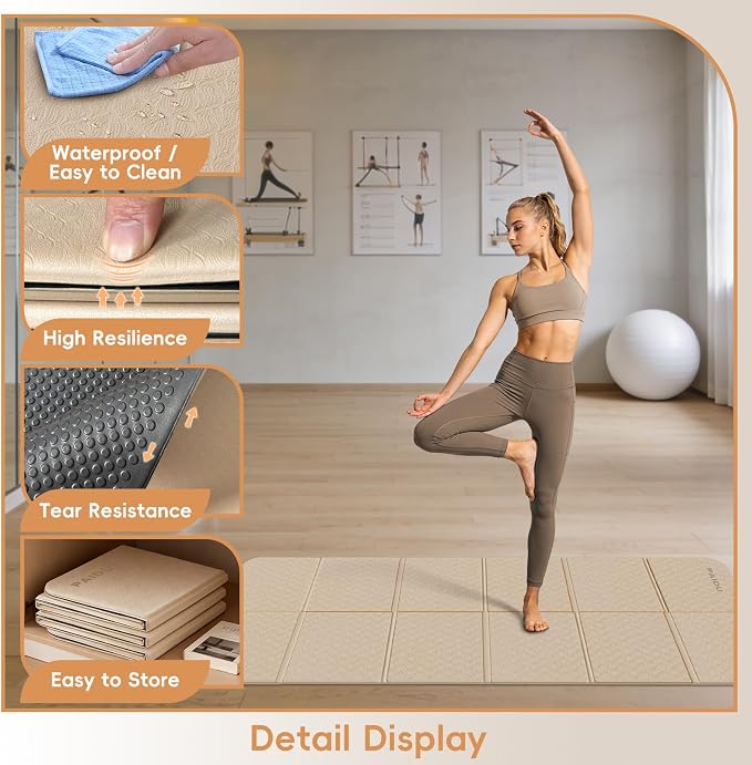 PAIDU Foldable Yoga Mat for Travel, 70"x24"x0.31" (8MM) TPE Double-Sided Non-Slip Pilates Mat with Carrying Bag for Yoga, Pilates, Fitness and Home/Outdoor Workouts