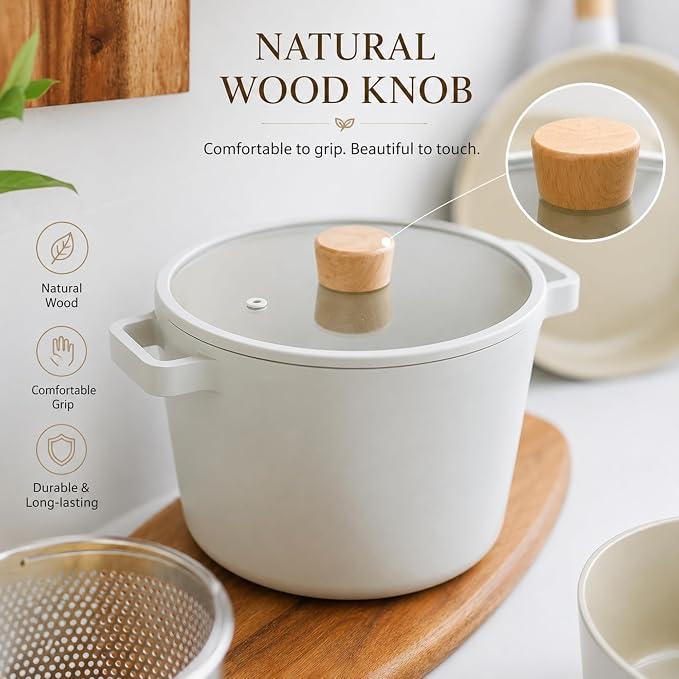 Fika NEOFLAM FIKA Deep Stock Pot for Stovetops and Induction | Glass Lid with Wood Knob | Made in Korea (8.7in / 4.9qt)