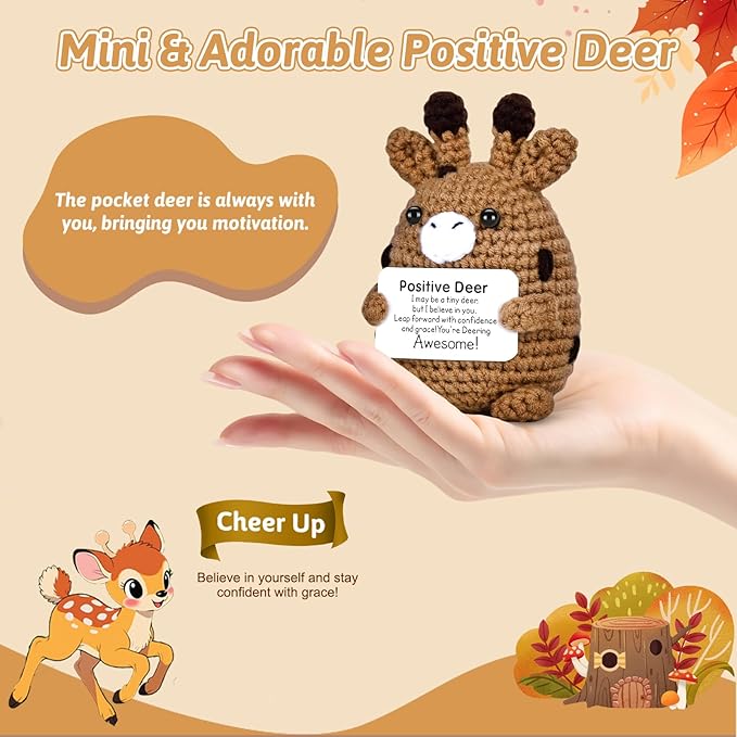 Positive Crochet Deer, Handmade Emotional Support Animals Plush Cute Stuff, Funny Inspirational Friendship Stress Relief Birthday Graduation Gifts for Women Teens Girls Coworkers Friends